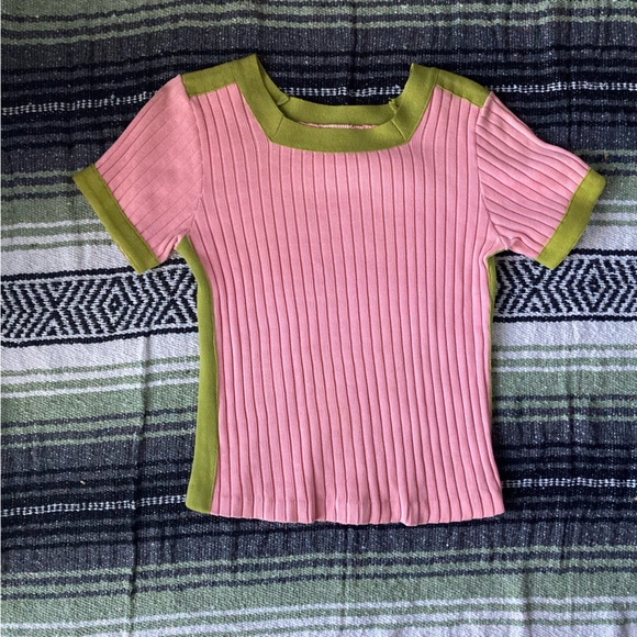 aileen Tops - vintage 1960s pink and green ribbed short sleeve sweater top